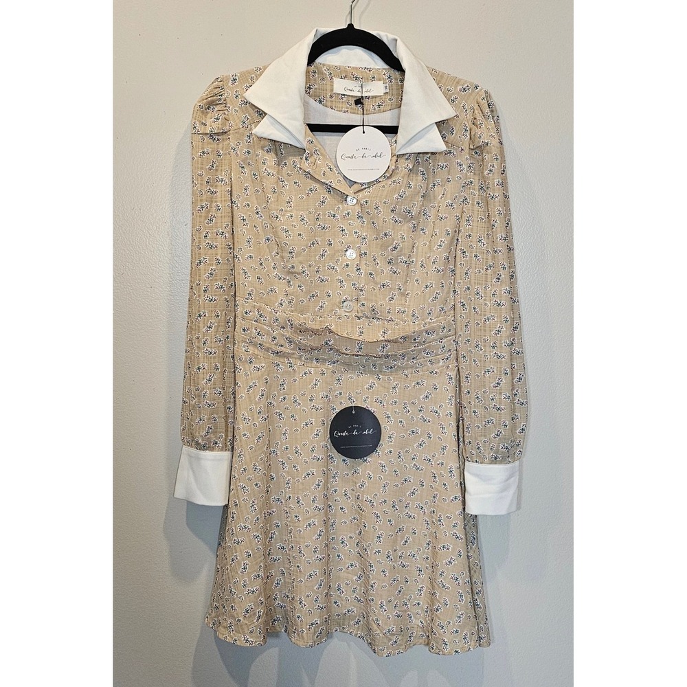 Quanta du Soleil Irena Dress Tan Floral Mini Contrast Collar French Cuff 36 S